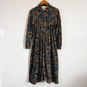 Natural Life Christa Floral Print Navy Tan Dahlias Cotton Maxi Shirt Dress Sz S